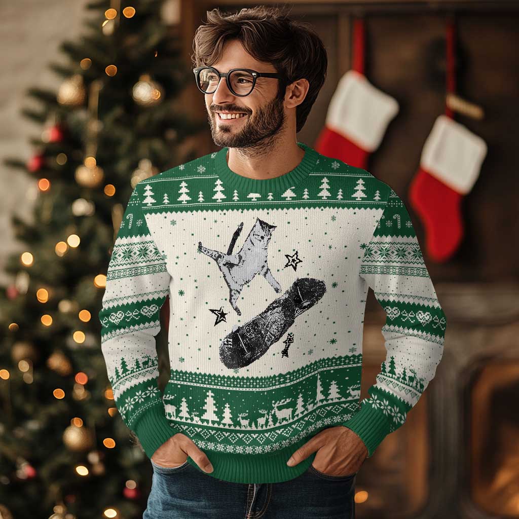 Skateboard Cat Y2K Ugly Christmas Sweater Rockstar Gf Aesthetic Cat Retro Grunge Skater TS10 Beige Green Print Your Wear