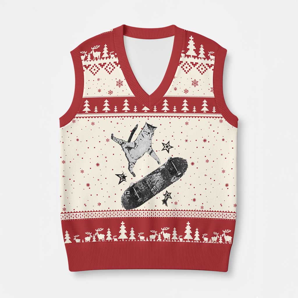 Skateboard Cat Y2K V-Neck Knit Sweater Vest Rockstar Gf Aesthetic Cat Retro Grunge Skater TS10 Beige Red Print Your Wear