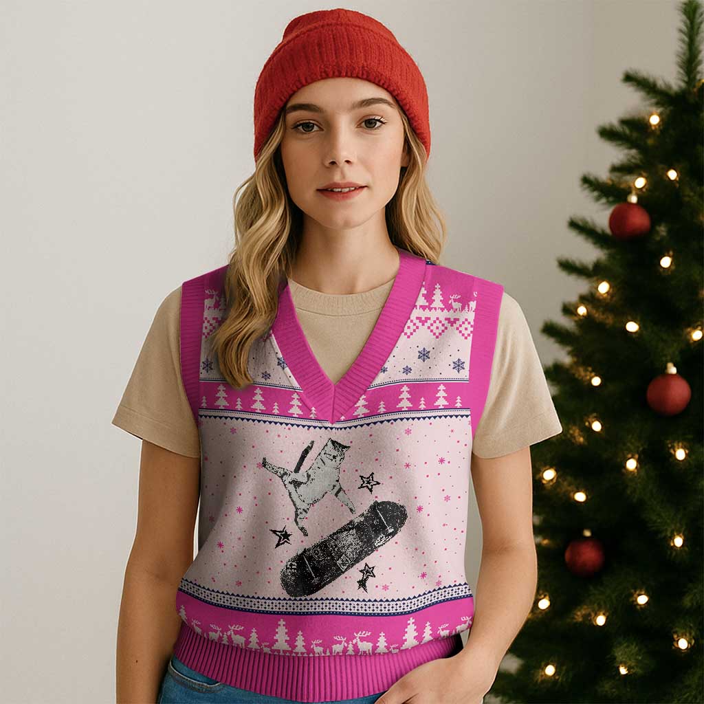 Skateboard Cat Y2K V-Neck Knit Sweater Vest Rockstar Gf Aesthetic Cat Retro Grunge Skater TS10 Hot Pink Print Your Wear