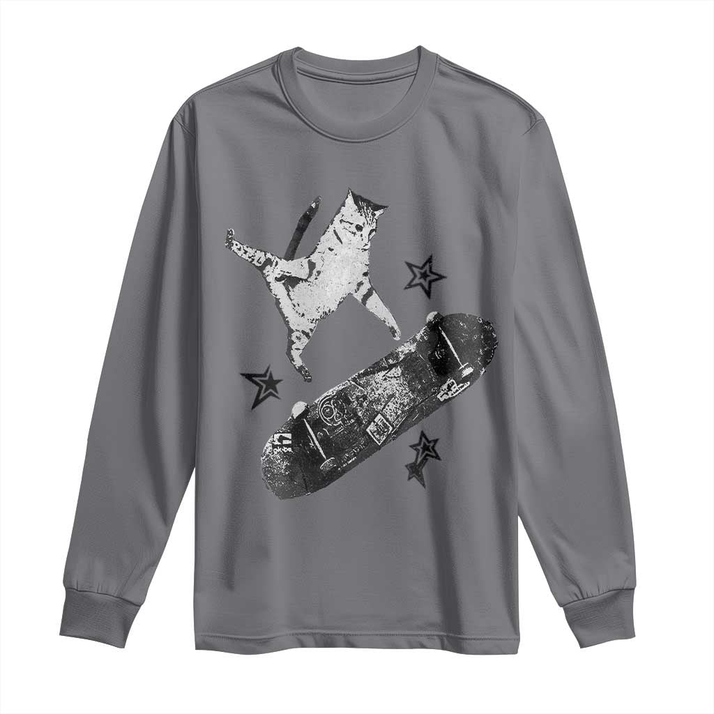 Skateboard Cat Y2K Long Sleeve Shirt Rockstar Gf Aesthetic Cat Retro Grunge Skater TS10 Charcoal Print Your Wear