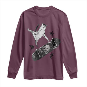 Skateboard Cat Y2K Long Sleeve Shirt Rockstar Gf Aesthetic Cat Retro Grunge Skater TS10 Maroon Print Your Wear