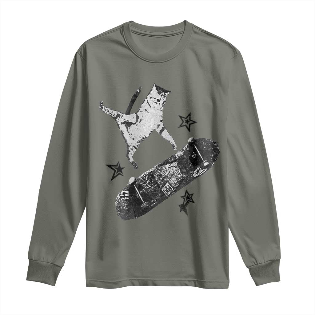 Skateboard Cat Y2K Long Sleeve Shirt Rockstar Gf Aesthetic Cat Retro Grunge Skater TS10 Military Green Print Your Wear