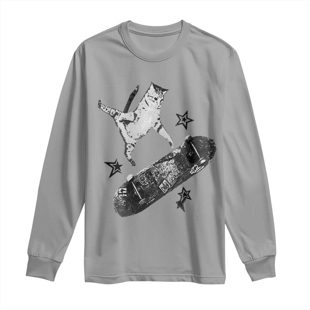 Skateboard Cat Y2K Long Sleeve Shirt Rockstar Gf Aesthetic Cat Retro Grunge Skater TS10 Sport Gray Print Your Wear