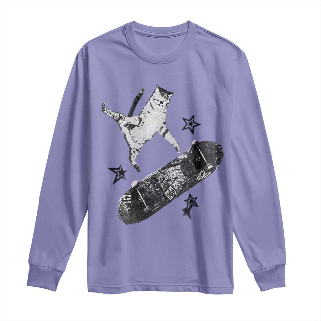 Skateboard Cat Y2K Long Sleeve Shirt Rockstar Gf Aesthetic Cat Retro Grunge Skater TS10 Violet Print Your Wear