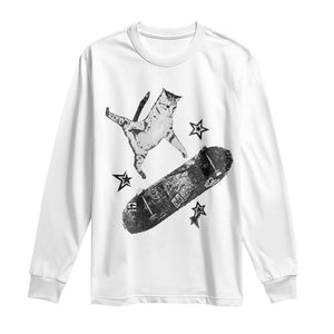 Skateboard Cat Y2K Long Sleeve Shirt Rockstar Gf Aesthetic Cat Retro Grunge Skater TS10 White Print Your Wear