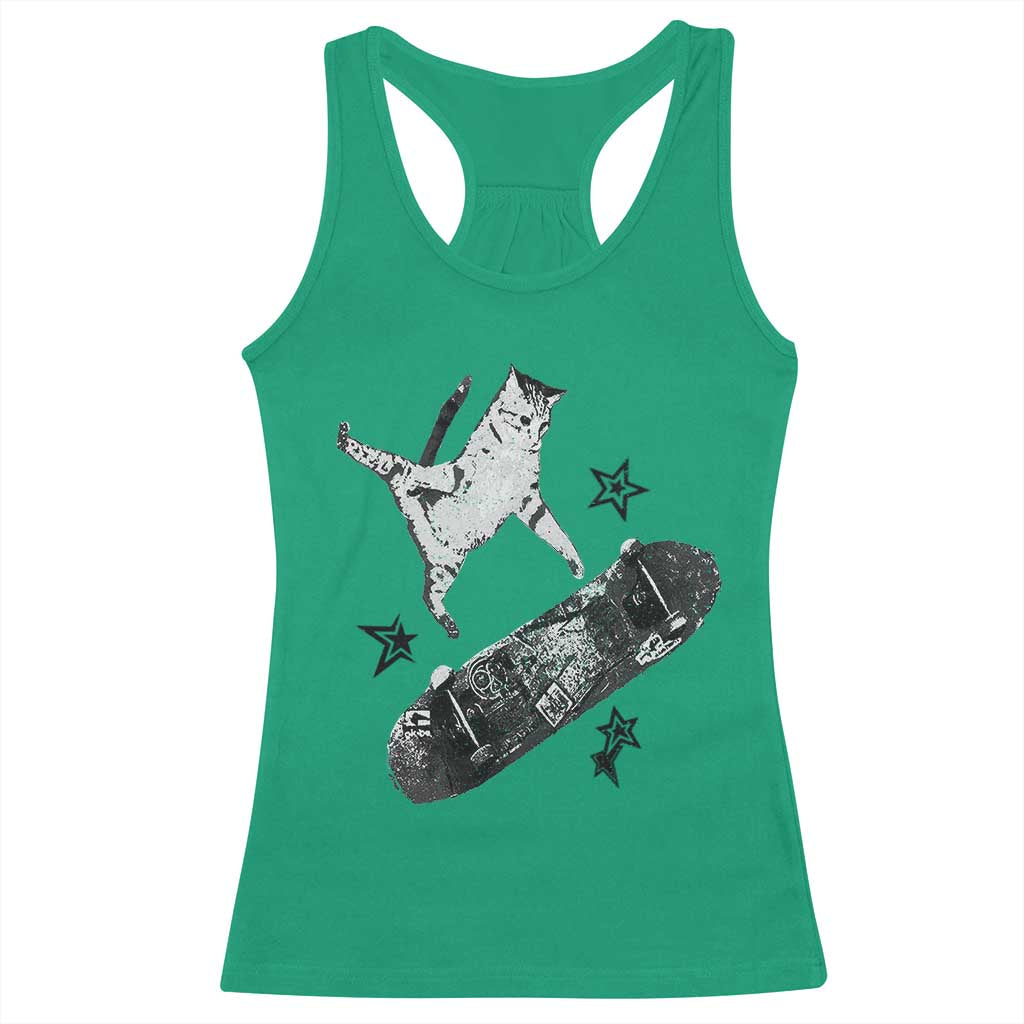 Skateboard Cat Y2K Racerback Tank Top Rockstar Gf Aesthetic Cat Retro Grunge Skater TS10 Irish Green Print Your Wear