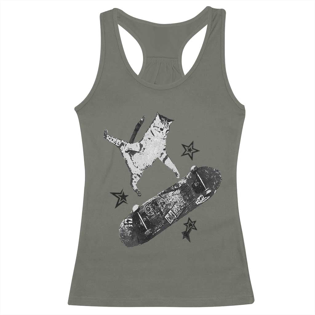 Skateboard Cat Y2K Racerback Tank Top Rockstar Gf Aesthetic Cat Retro Grunge Skater TS10 Military Green Print Your Wear