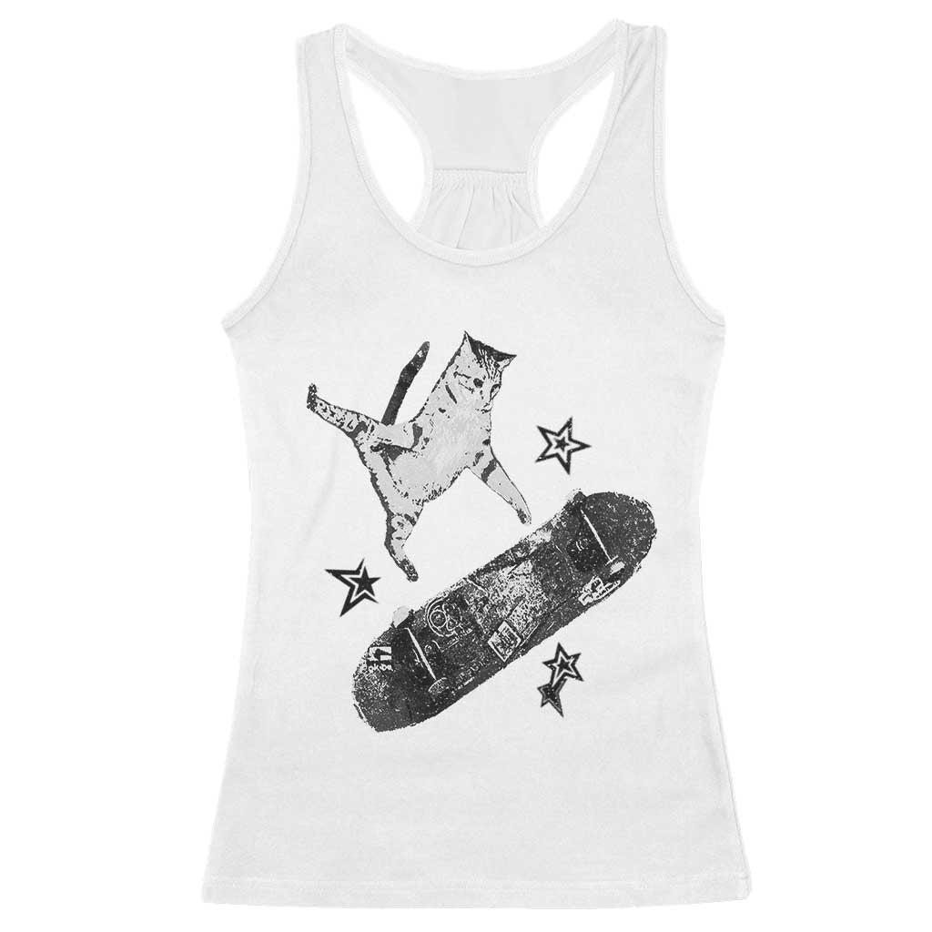 Skateboard Cat Y2K Racerback Tank Top Rockstar Gf Aesthetic Cat Retro Grunge Skater TS10 White Print Your Wear