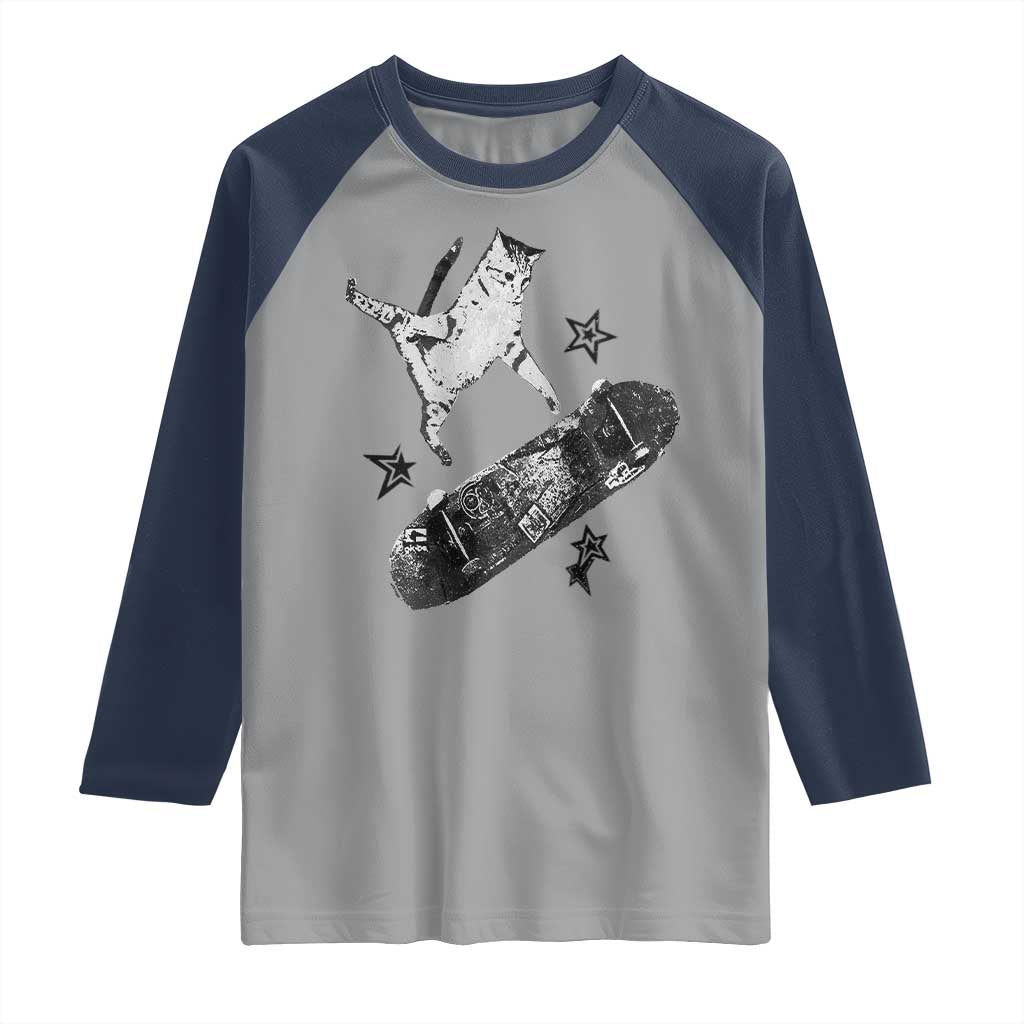 Skateboard Cat Y2K Raglan Shirt Rockstar Gf Aesthetic Cat Retro Grunge Skater TS10 Sport Gray Navy Print Your Wear
