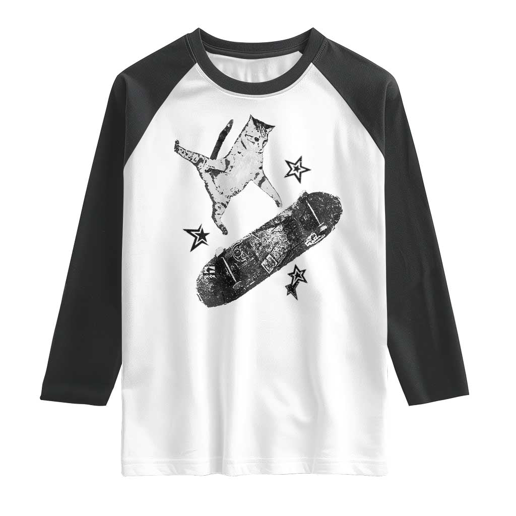 Skateboard Cat Y2K Raglan Shirt Rockstar Gf Aesthetic Cat Retro Grunge Skater TS10 White Black Print Your Wear
