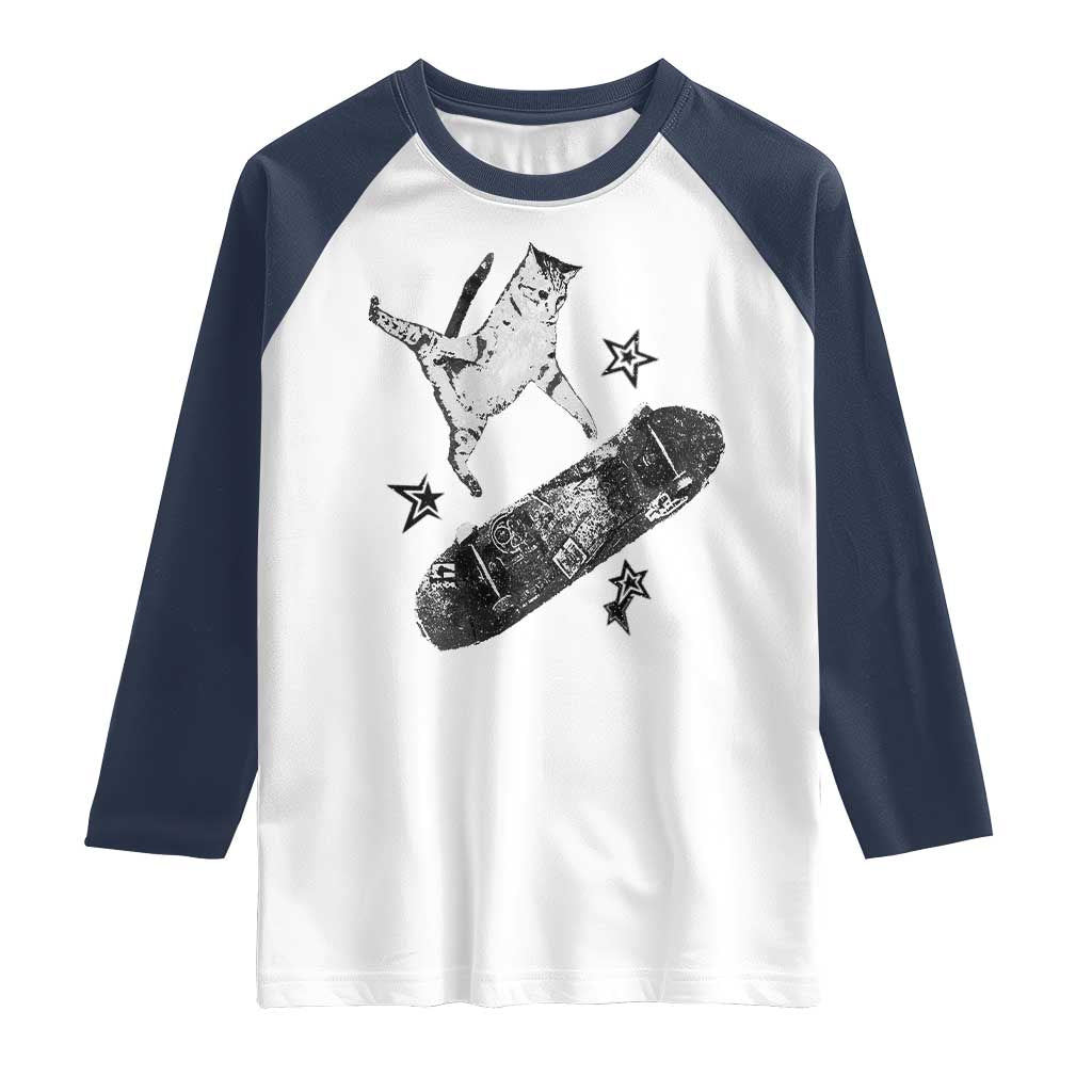 Skateboard Cat Y2K Raglan Shirt Rockstar Gf Aesthetic Cat Retro Grunge Skater TS10 White Navy Print Your Wear