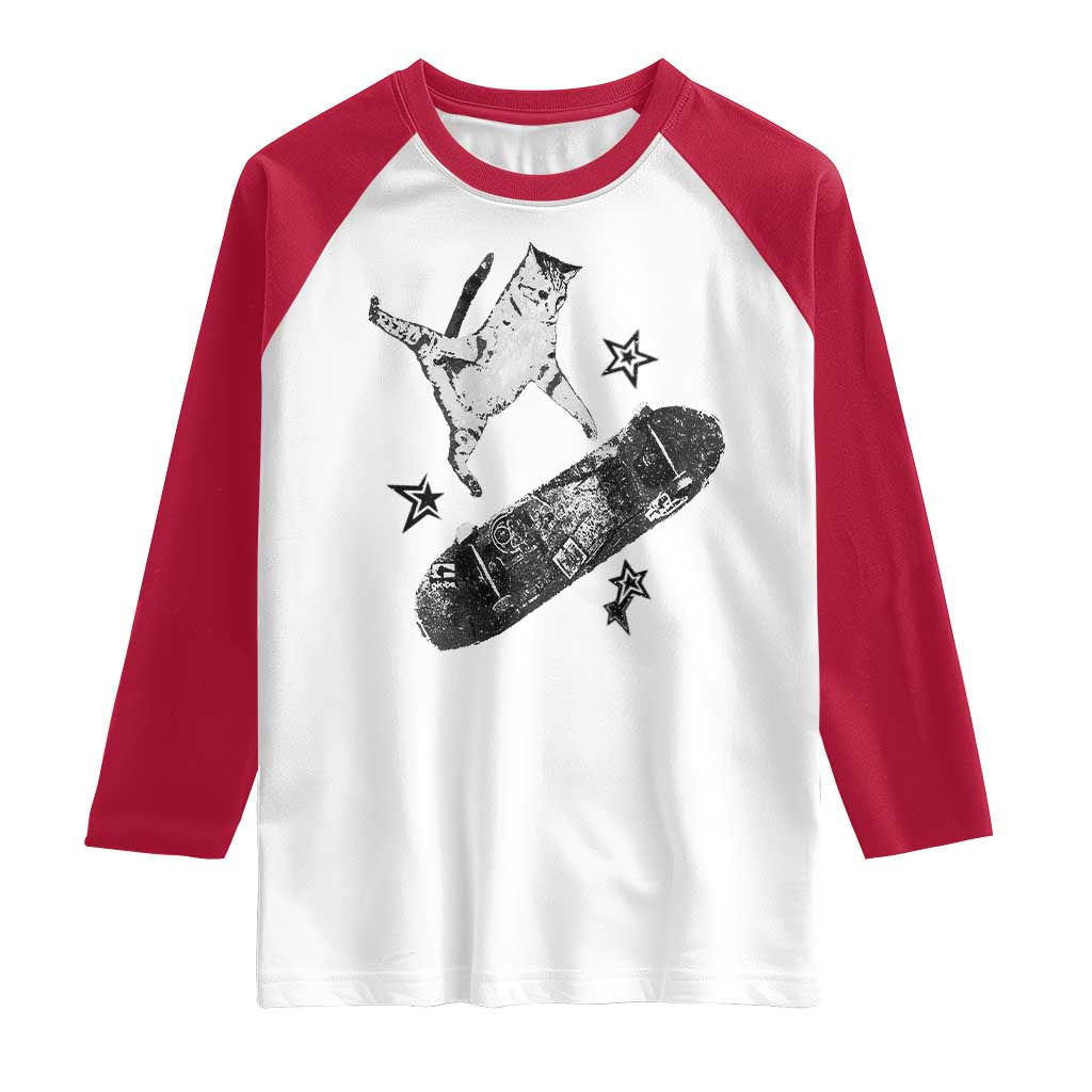 Skateboard Cat Y2K Raglan Shirt Rockstar Gf Aesthetic Cat Retro Grunge Skater TS10 White Red Print Your Wear