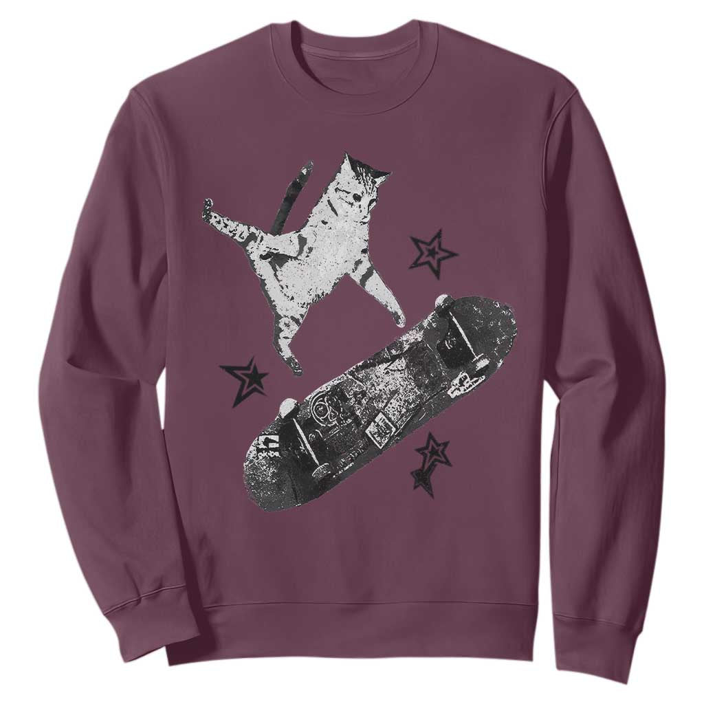 Skateboard Cat Y2K Sweatshirt Rockstar Gf Aesthetic Cat Retro Grunge Skater TS10 Maroon Print Your Wear