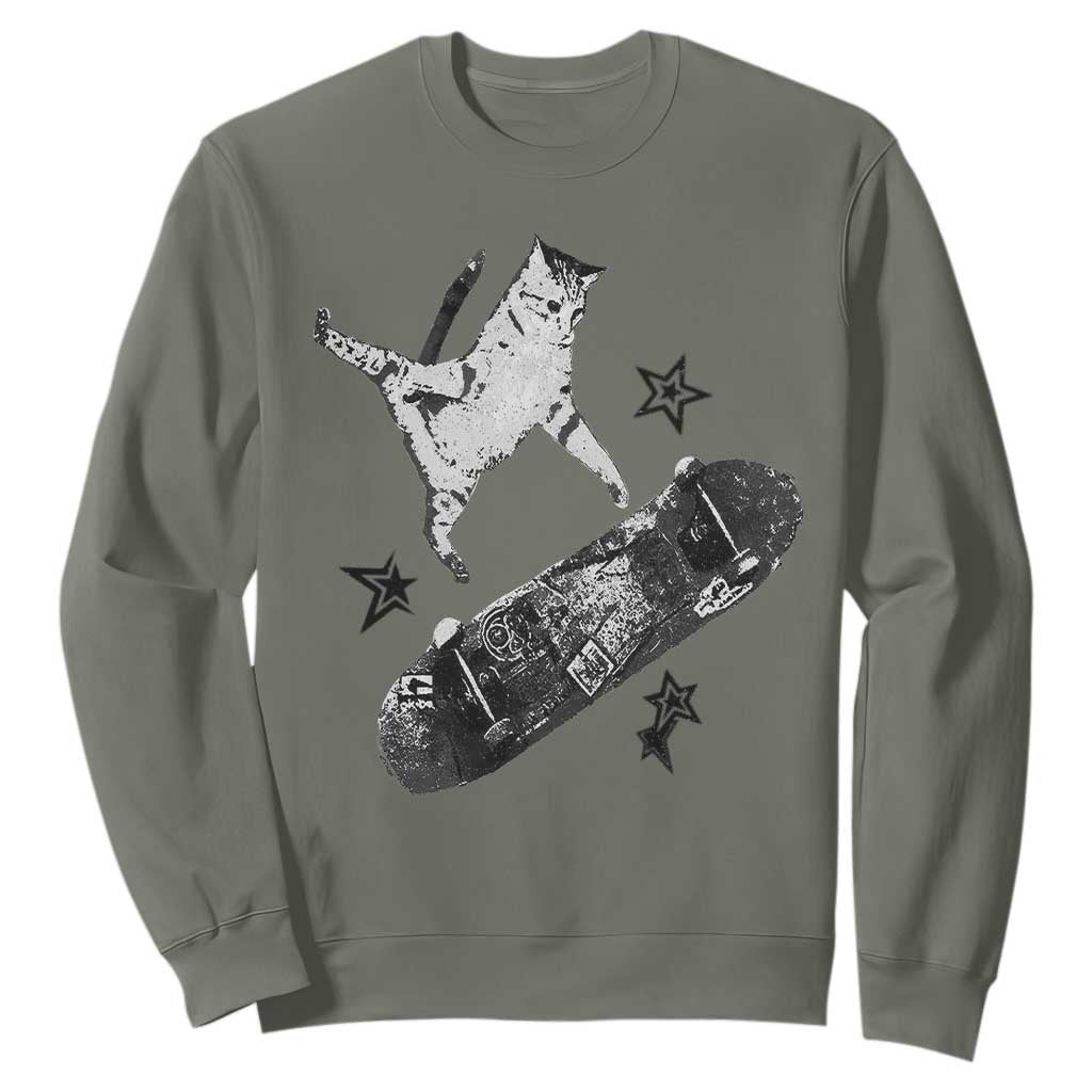 Skateboard Cat Y2K Sweatshirt Rockstar Gf Aesthetic Cat Retro Grunge Skater TS10 Military Green Print Your Wear
