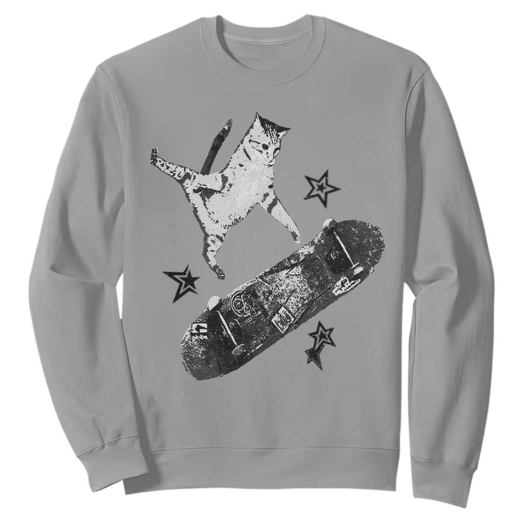 Skateboard Cat Y2K Sweatshirt Rockstar Gf Aesthetic Cat Retro Grunge Skater TS10 Sport Gray Print Your Wear