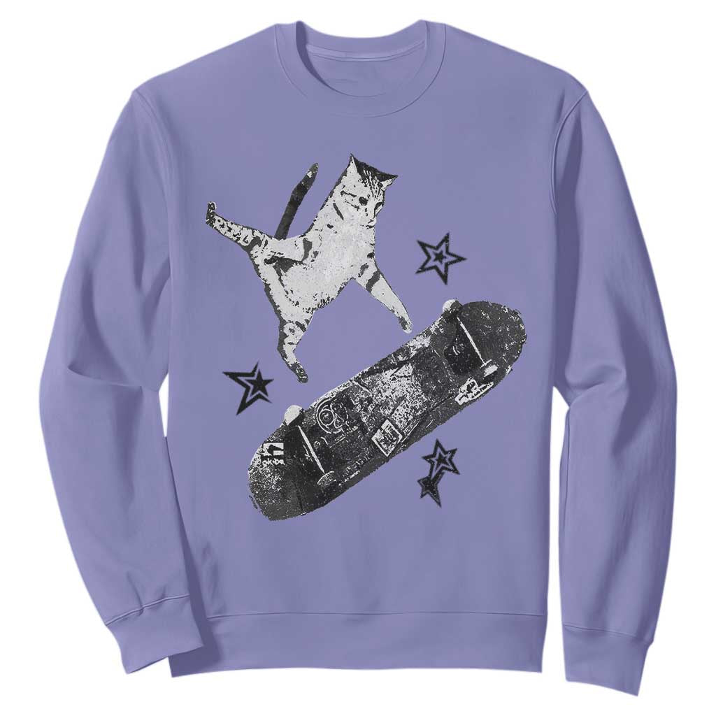 Skateboard Cat Y2K Sweatshirt Rockstar Gf Aesthetic Cat Retro Grunge Skater TS10 Violet Print Your Wear