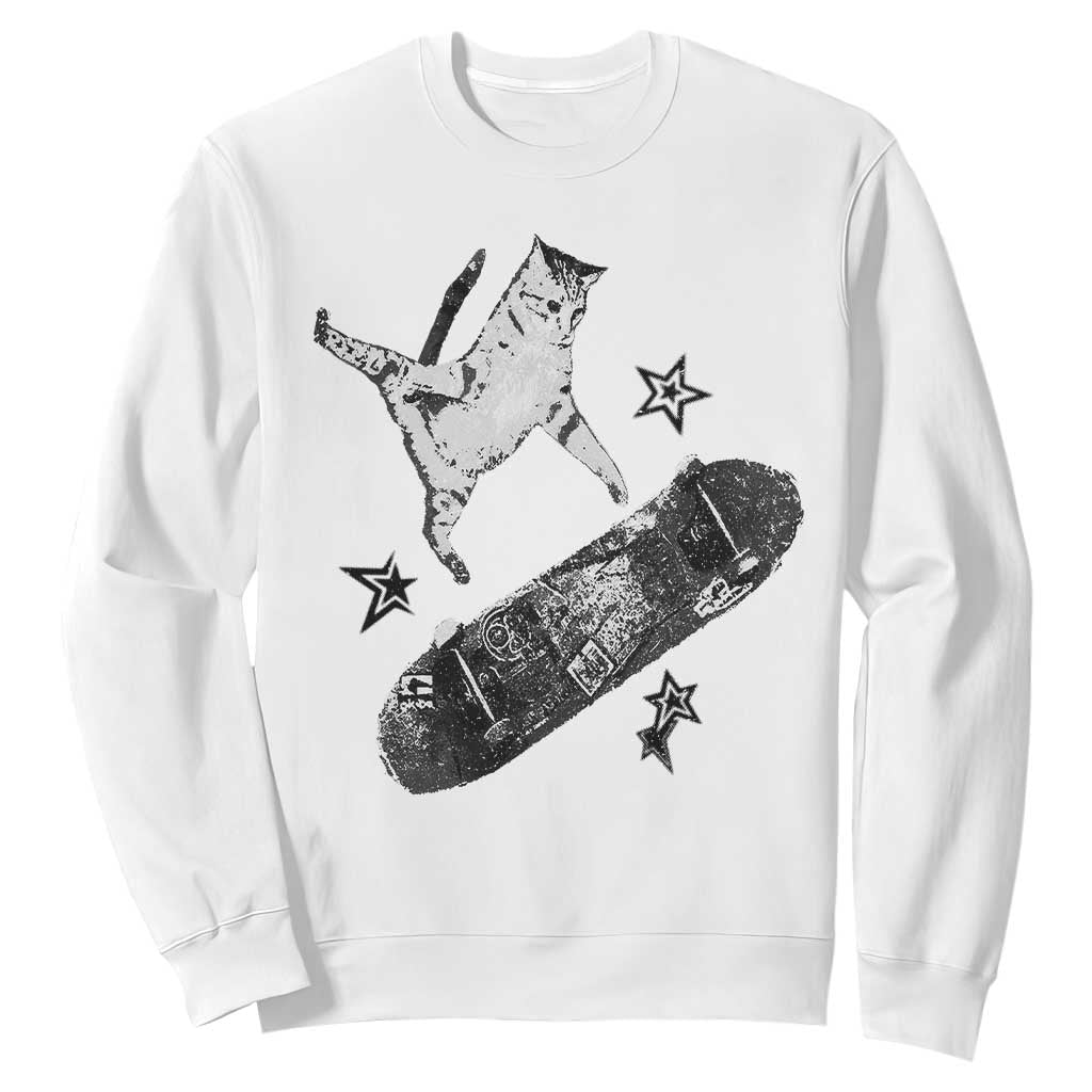 Skateboard Cat Y2K Sweatshirt Rockstar Gf Aesthetic Cat Retro Grunge Skater TS10 White Print Your Wear