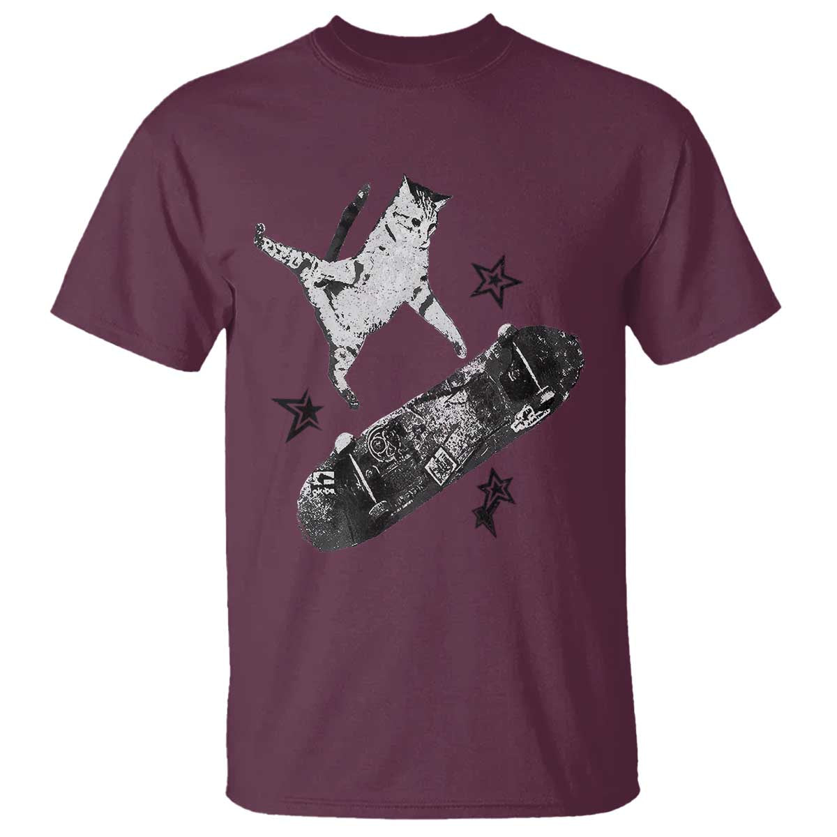 Skateboard Cat Y2K T Shirt Rockstar Gf Aesthetic Cat Retro Grunge Skater TS10 Maroon Print Your Wear