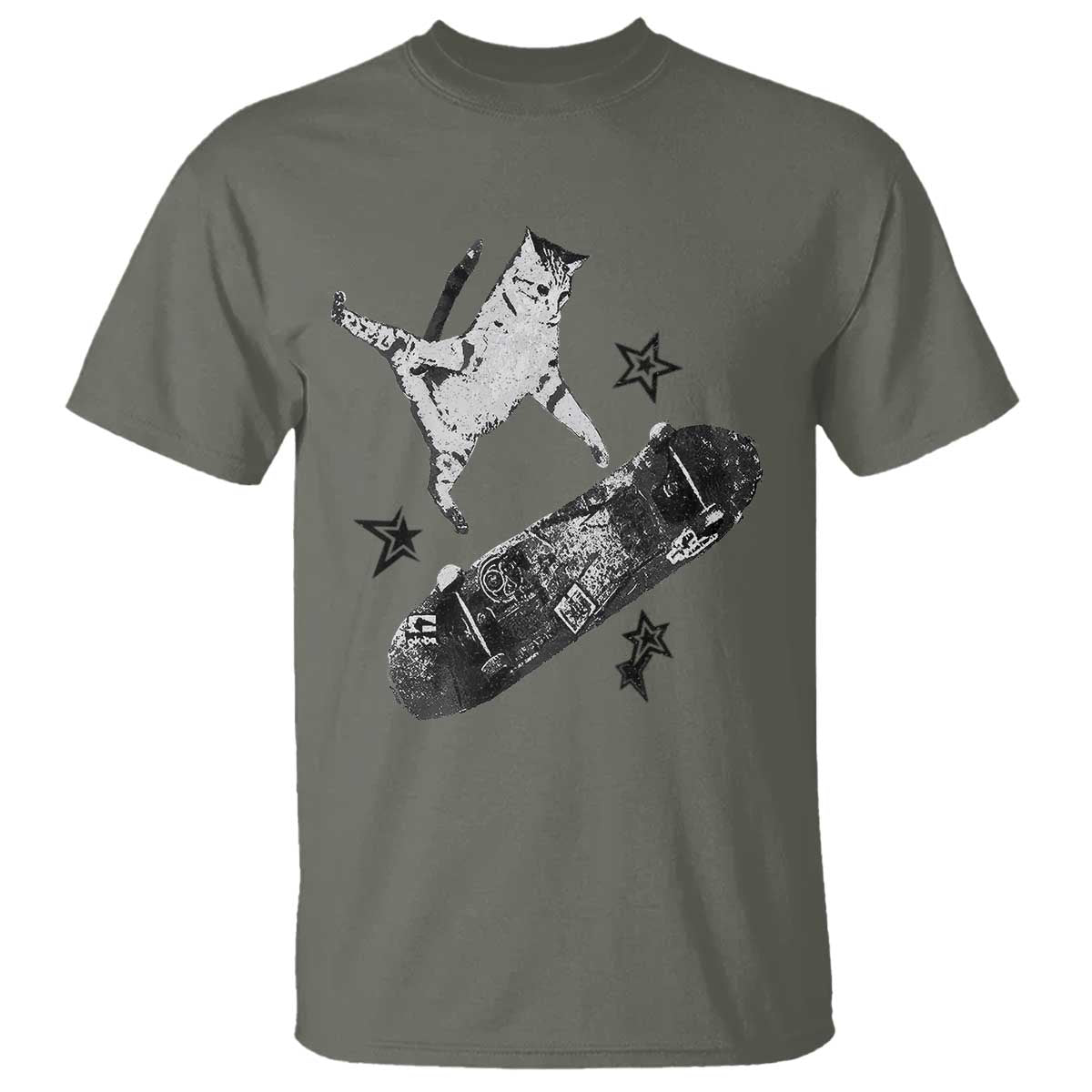 Skateboard Cat Y2K T Shirt Rockstar Gf Aesthetic Cat Retro Grunge Skater TS10 Military Green Print Your Wear