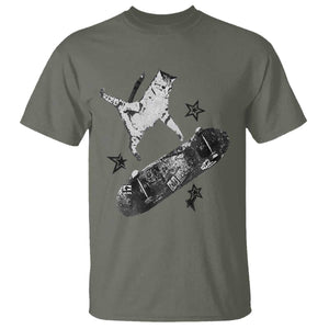 Skateboard Cat Y2K T Shirt Rockstar Gf Aesthetic Cat Retro Grunge Skater TS10 Military Green Print Your Wear