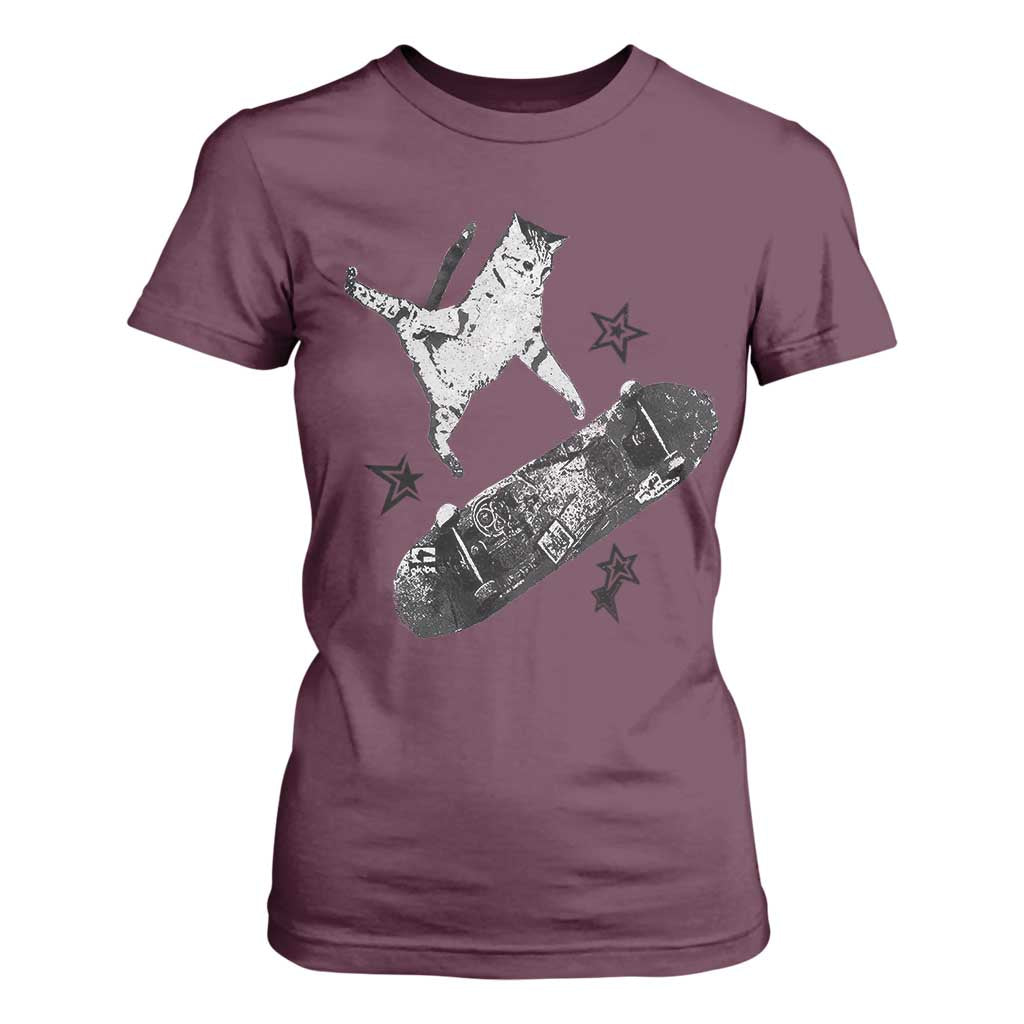 Skateboard Cat Y2K T Shirt For Women Rockstar Gf Aesthetic Cat Retro Grunge Skater TS10 Maroon Print Your Wear
