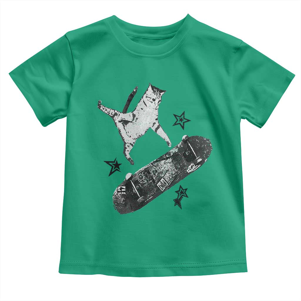 Skateboard Cat Y2K Toddler T Shirt Rockstar Gf Aesthetic Cat Retro Grunge Skater TS10 Irish Green Print Your Wear