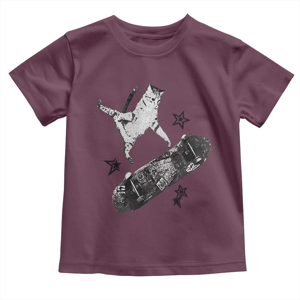 Skateboard Cat Y2K Toddler T Shirt Rockstar Gf Aesthetic Cat Retro Grunge Skater TS10 Maroon Print Your Wear