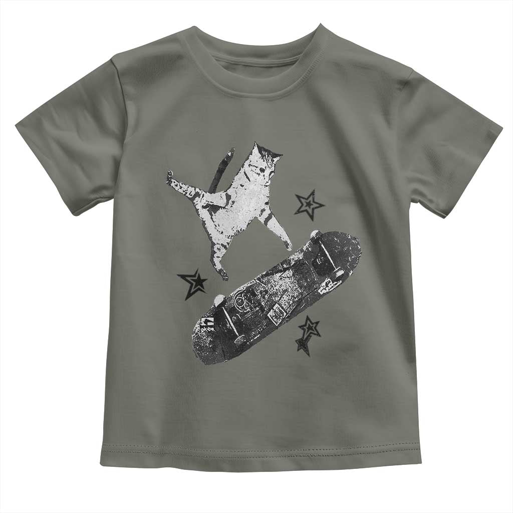 Skateboard Cat Y2K Toddler T Shirt Rockstar Gf Aesthetic Cat Retro Grunge Skater TS10 Military Green Print Your Wear