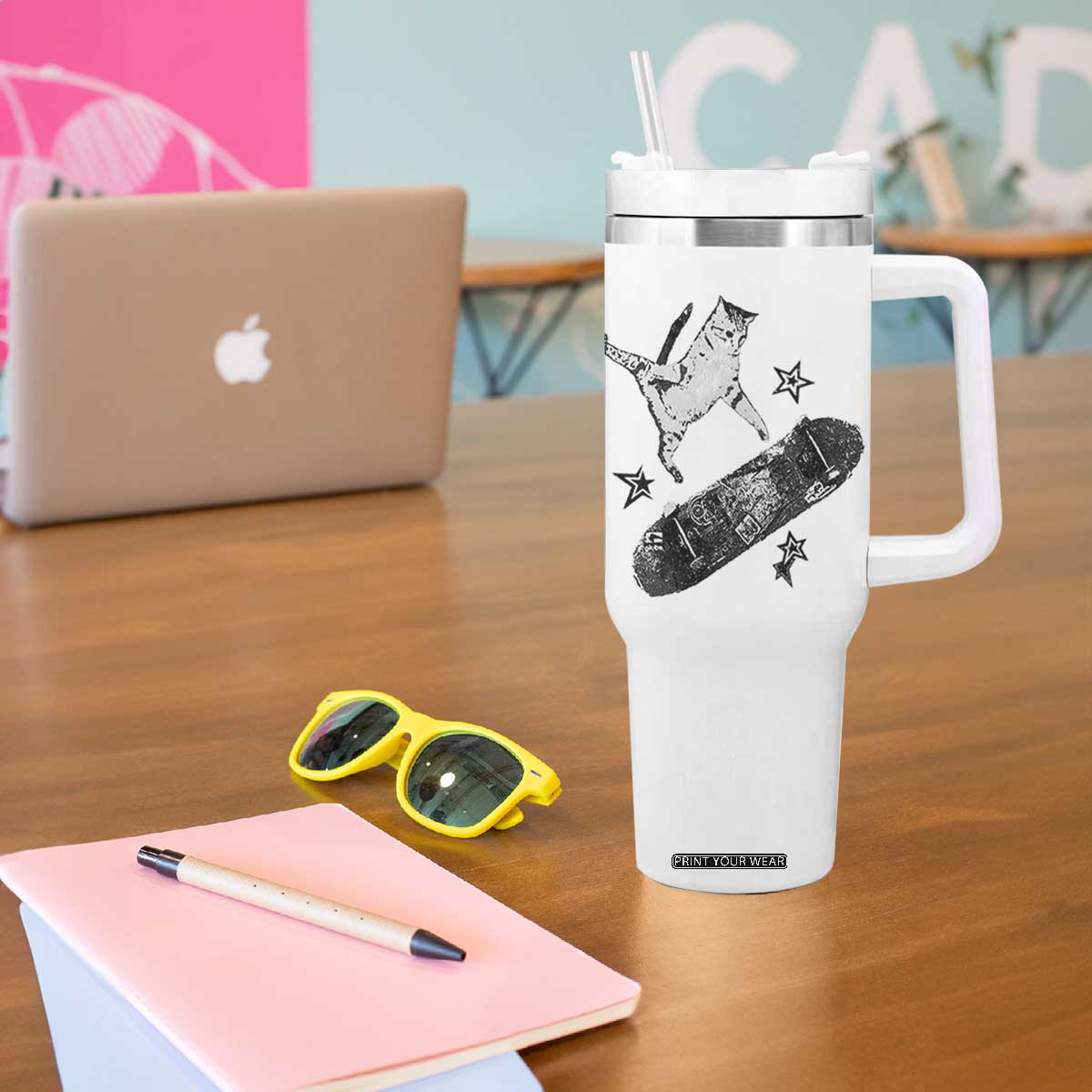 Skateboard Cat Y2K Tumbler With Handle Rockstar Gf Aesthetic Cat Retro Grunge Skater TS10 Print Your Wear