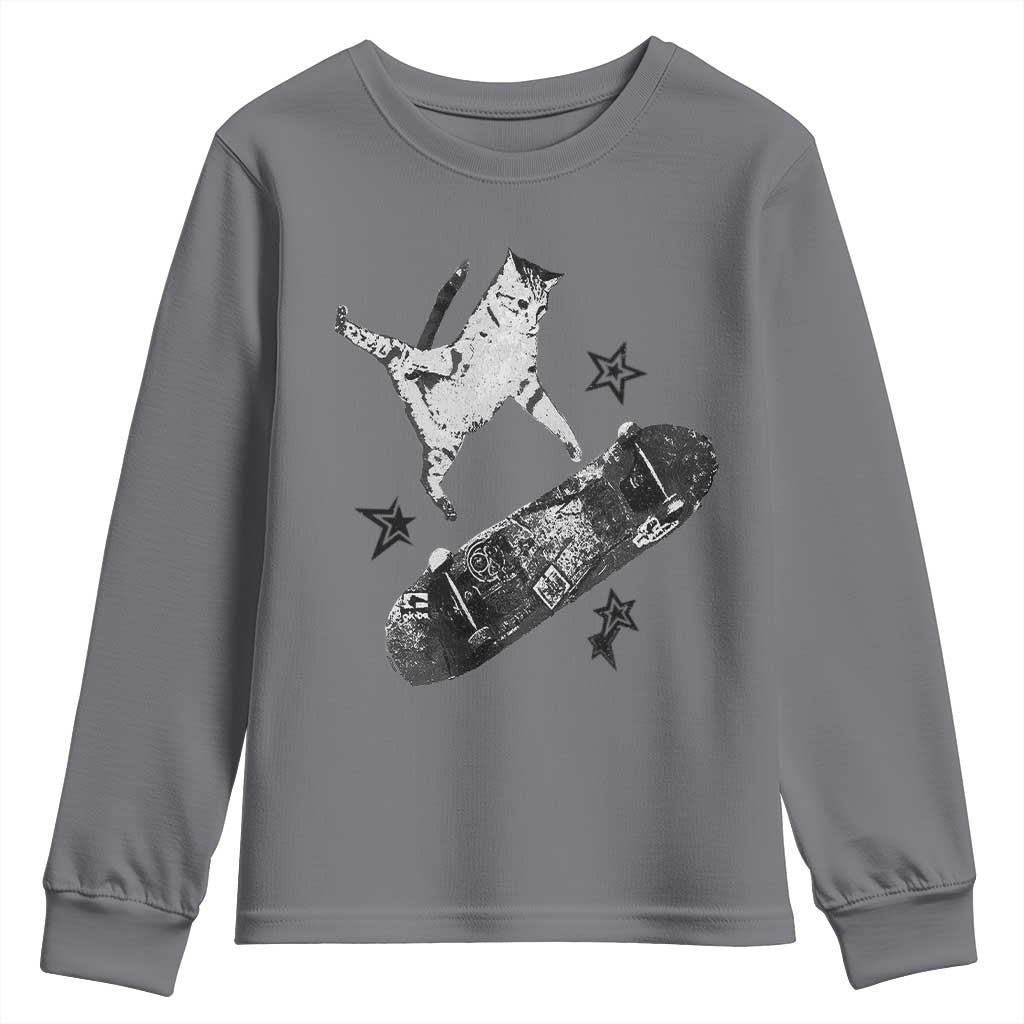 Skateboard Cat Y2K Youth Sweatshirt Rockstar Gf Aesthetic Cat Retro Grunge Skater TS10 Charcoal Print Your Wear