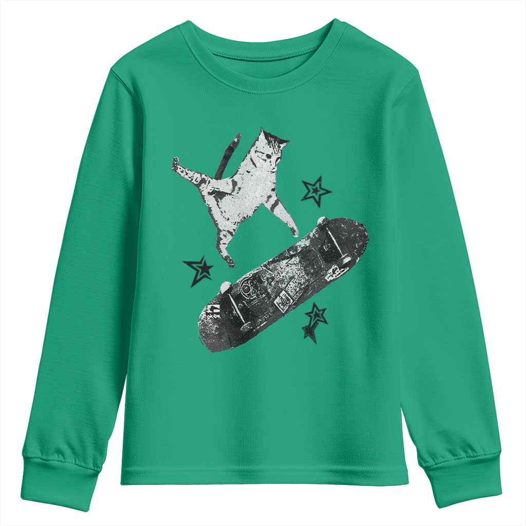 Skateboard Cat Y2K Youth Sweatshirt Rockstar Gf Aesthetic Cat Retro Grunge Skater TS10 Irish Green Print Your Wear