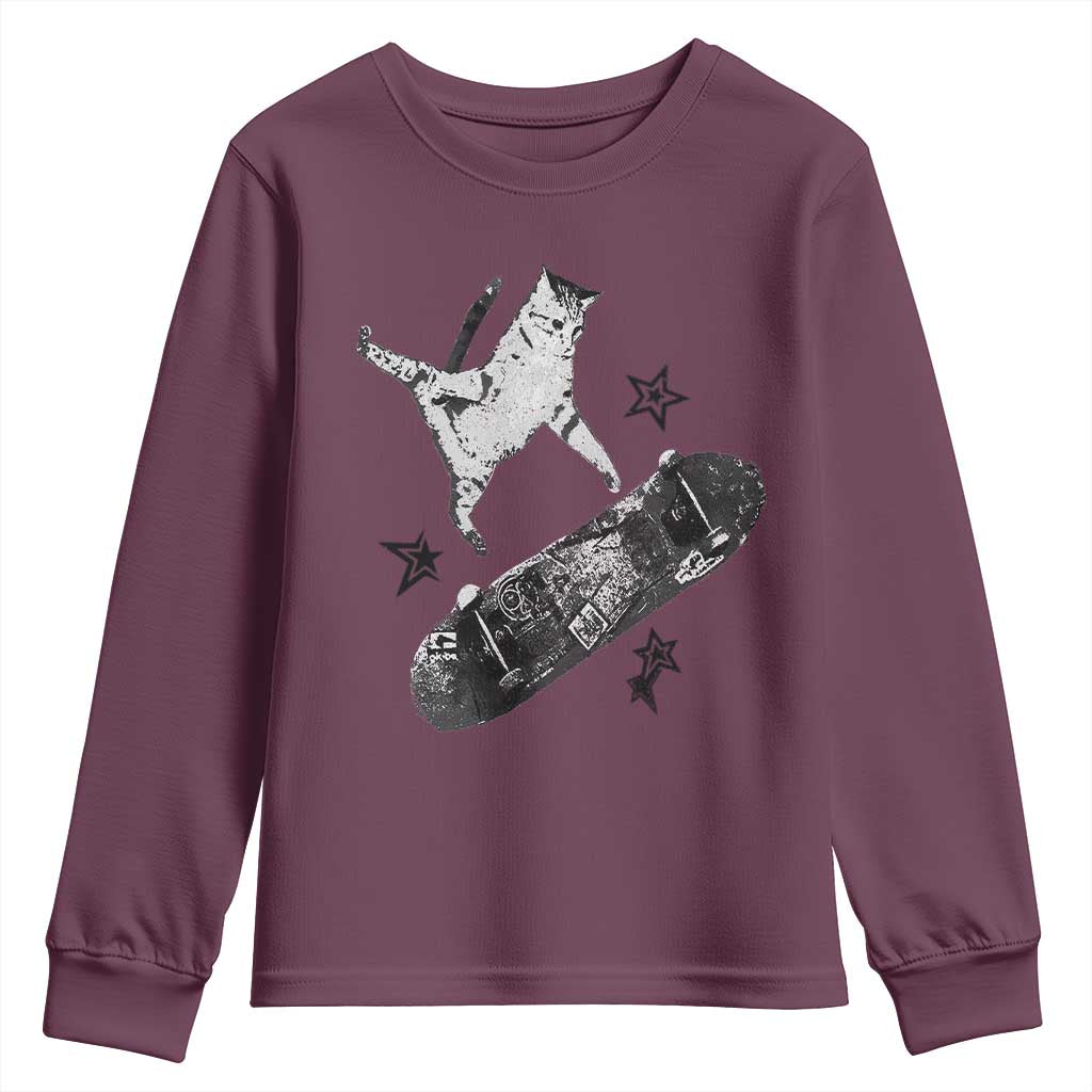 Skateboard Cat Y2K Youth Sweatshirt Rockstar Gf Aesthetic Cat Retro Grunge Skater TS10 Maroon Print Your Wear