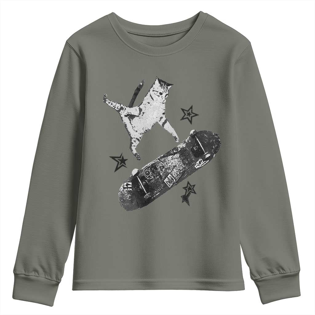 Skateboard Cat Y2K Youth Sweatshirt Rockstar Gf Aesthetic Cat Retro Grunge Skater TS10 Military Green Print Your Wear