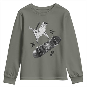 Skateboard Cat Y2K Youth Sweatshirt Rockstar Gf Aesthetic Cat Retro Grunge Skater TS10 Military Green Print Your Wear
