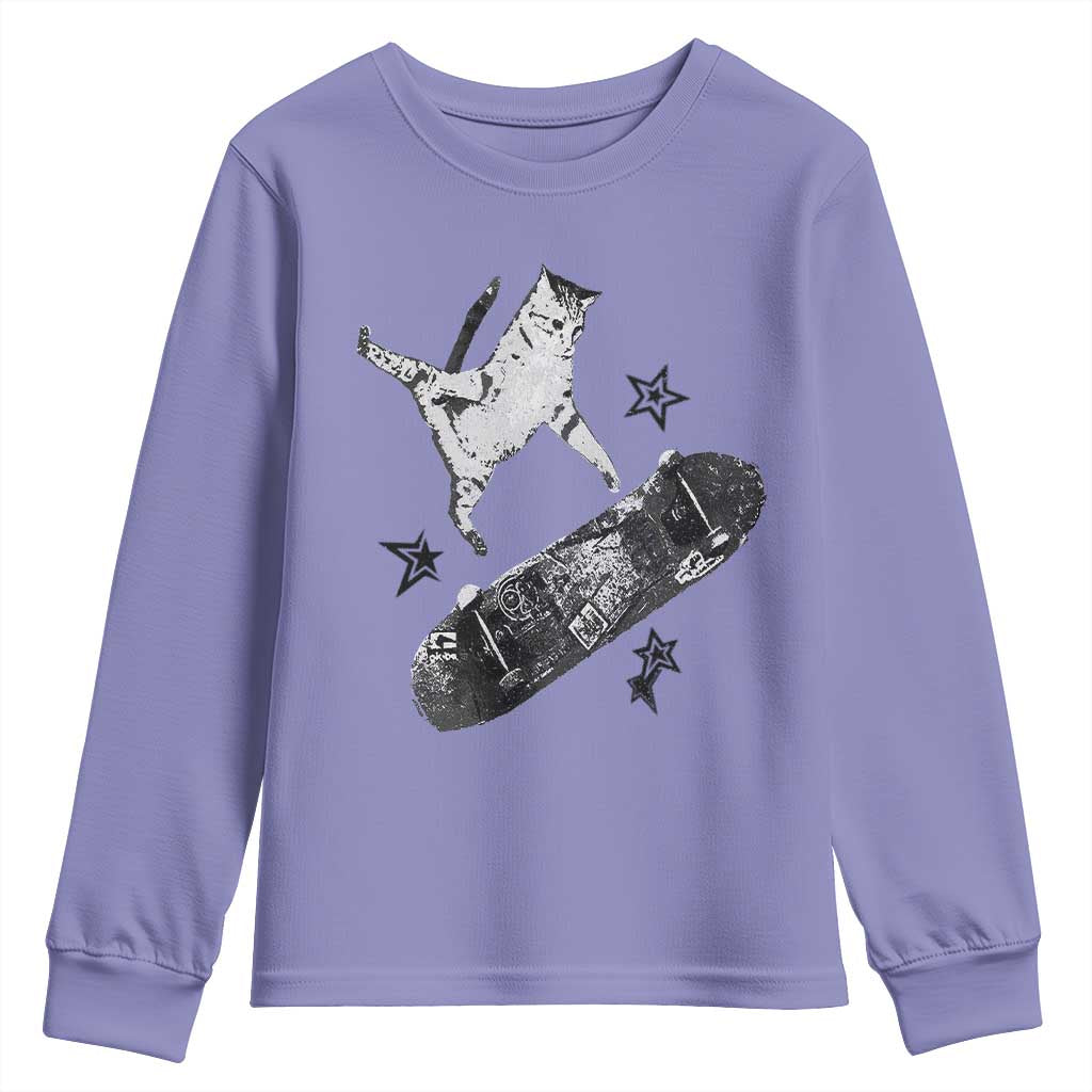 Skateboard Cat Y2K Youth Sweatshirt Rockstar Gf Aesthetic Cat Retro Grunge Skater TS10 Violet Print Your Wear