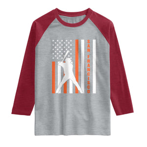 Retro San Francisco Raglan Shirt Cool Distressed Baseball Fans SF USA Flag TS10 Heather Gray Heather Red Print Your Wear