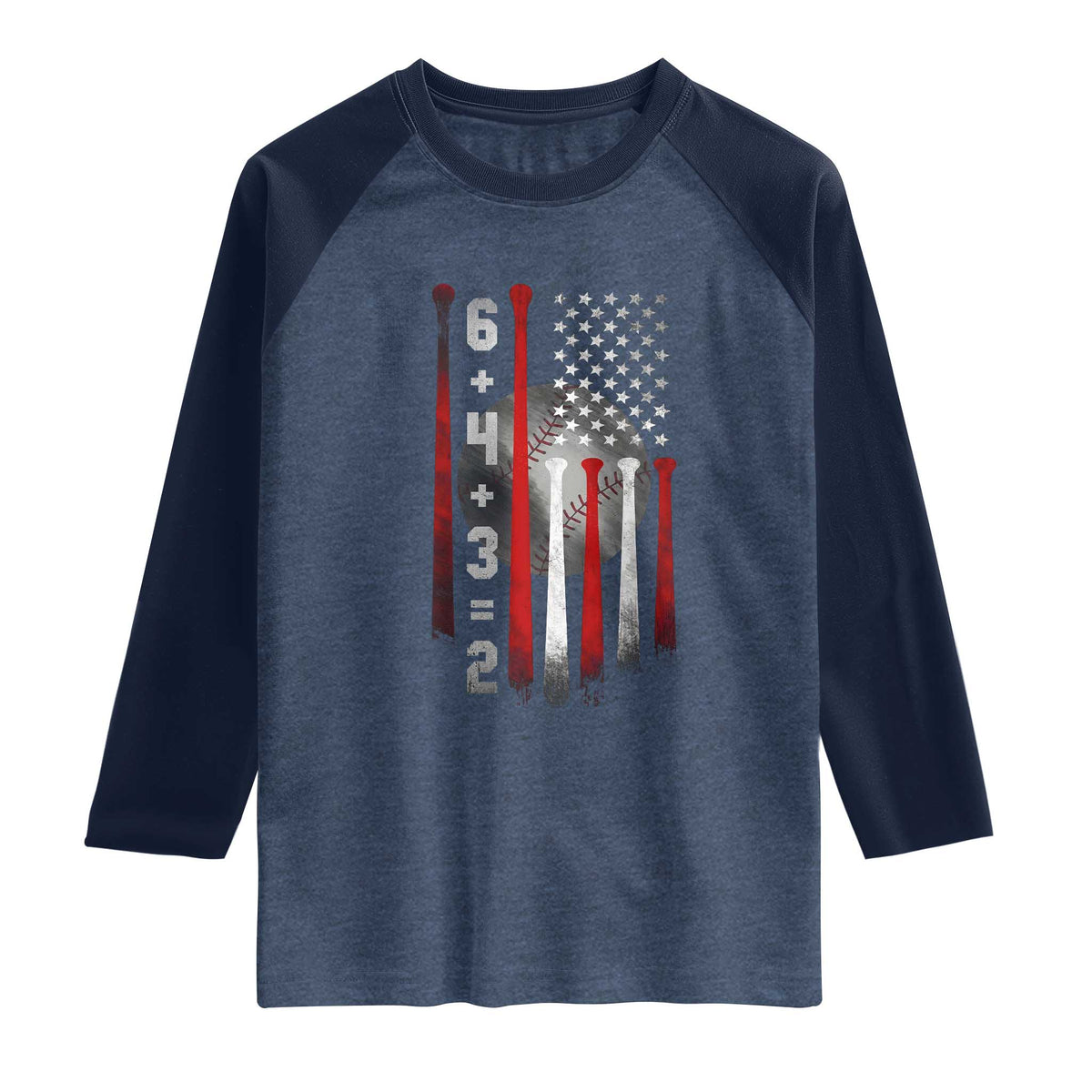 Double Play Raglan Shirt 6 4 3 2 Vintage Baseball Math Softball Player American Flag TS10 Heather Denim Navy Print Your Wear
