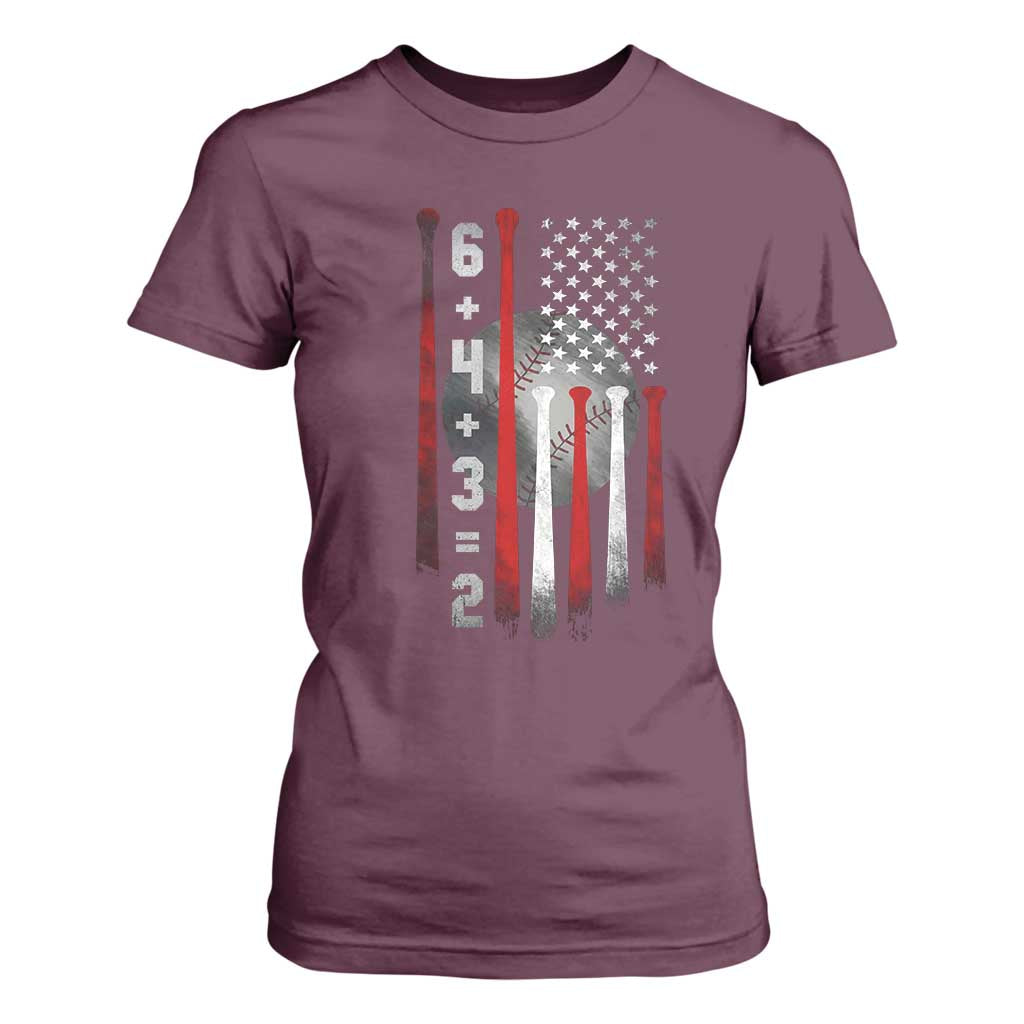 Double Play T Shirt For Women 6 4 3 2 Vintage Baseball Math Softball Player American Flag TS10 Maroon Print Your Wear