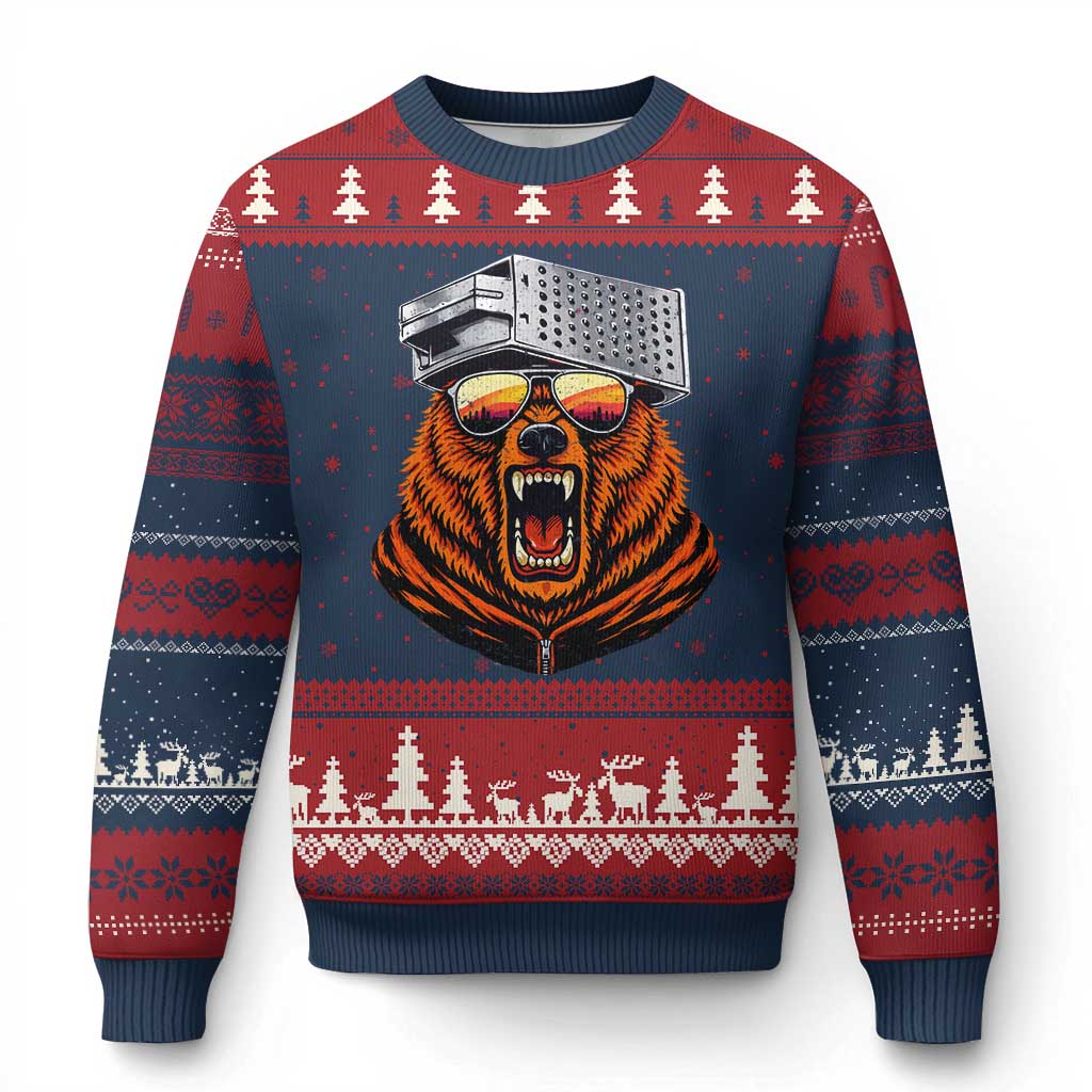 Bear With Cheese Grater Hat Ugly Christmas Sweater Retro Foolball Fans TS10 Navy Red Print Your Wear