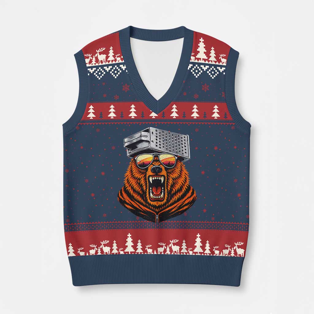 Bear With Cheese Grater Hat V-Neck Knit Sweater Vest Retro Foolball Fans TS10 Navy Red Print Your Wear