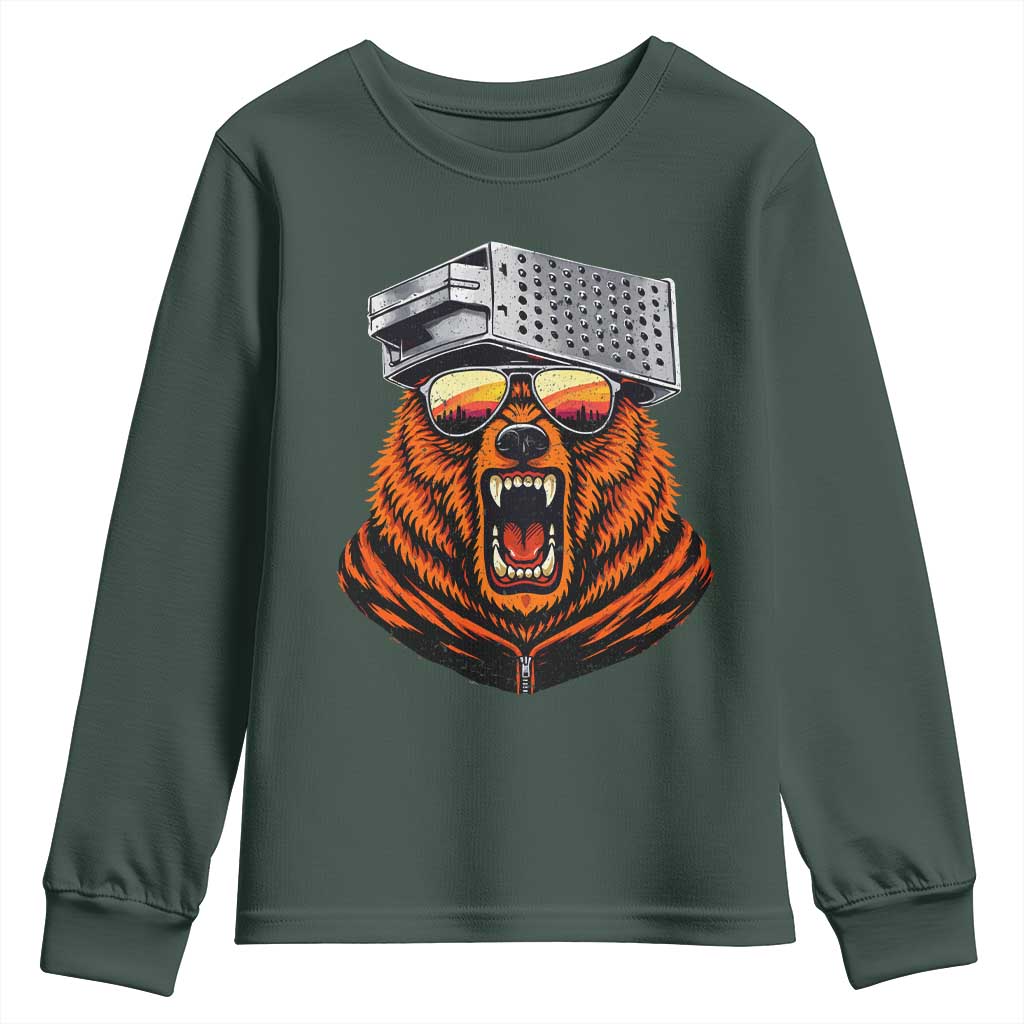Bear With Cheese Grater Hat Youth Sweatshirt Retro Foolball Fans TS10 Dark Forest Green Print Your Wear