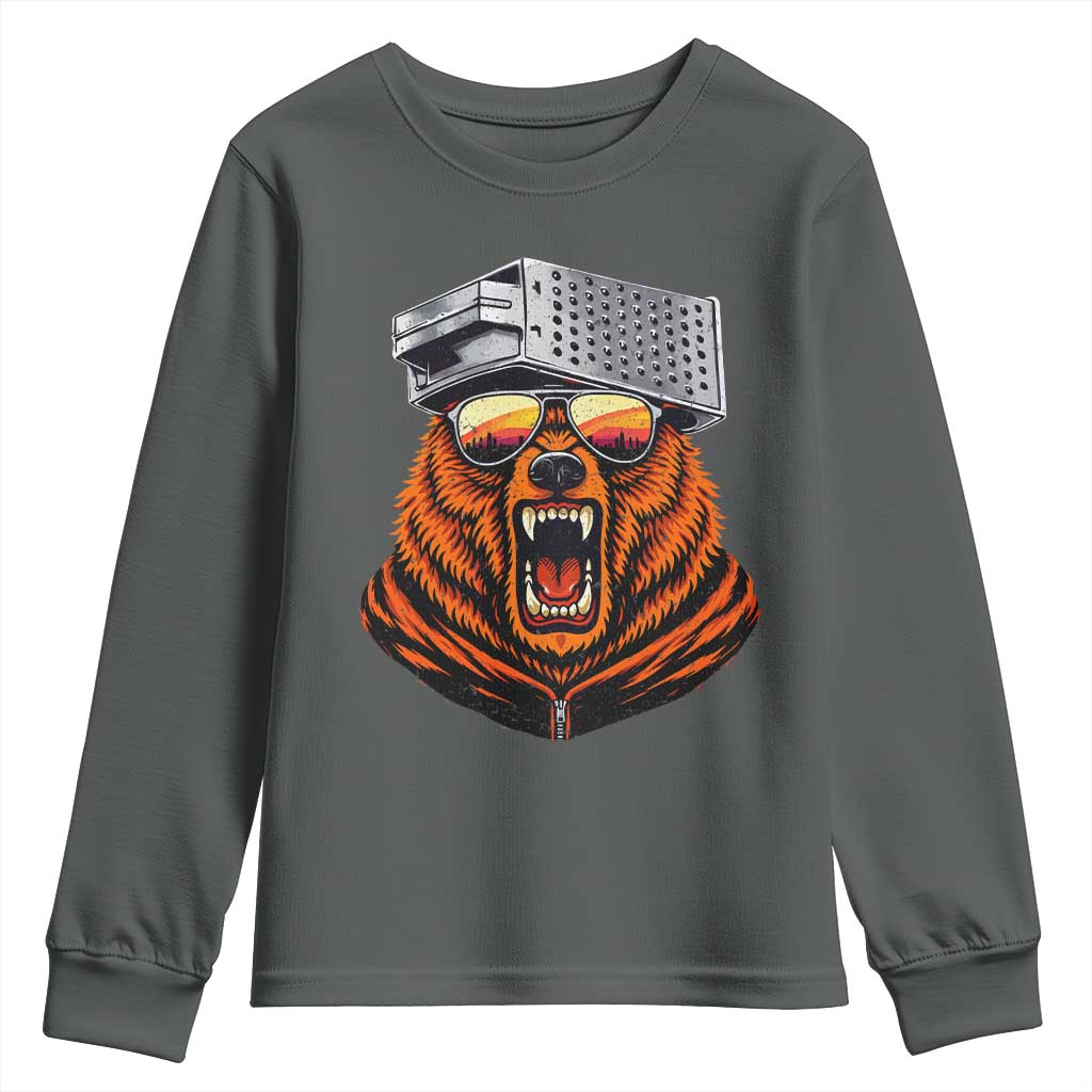 Bear With Cheese Grater Hat Youth Sweatshirt Retro Foolball Fans TS10 Dark Heather Print Your Wear