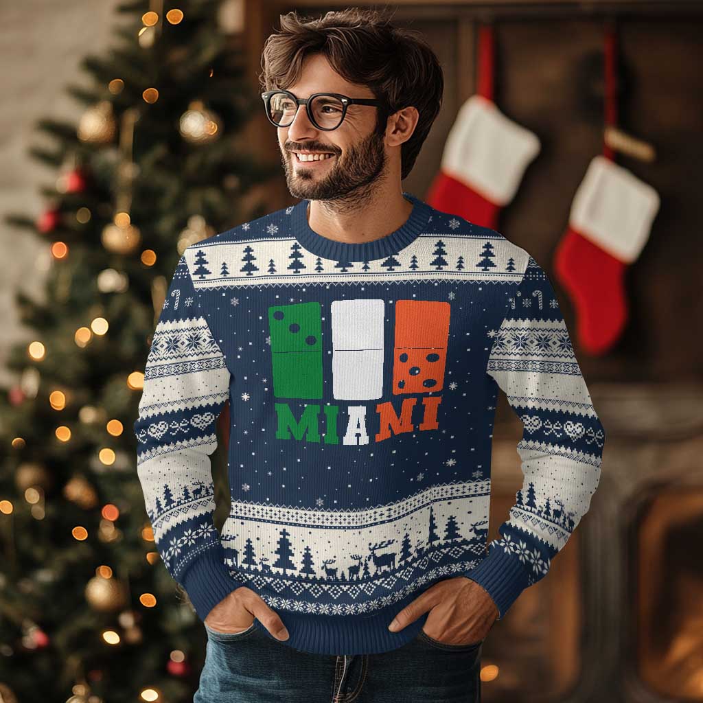 305 Miami Ugly Christmas Sweater Three Zero Five Domino TS10 Navy Beige Print Your Wear