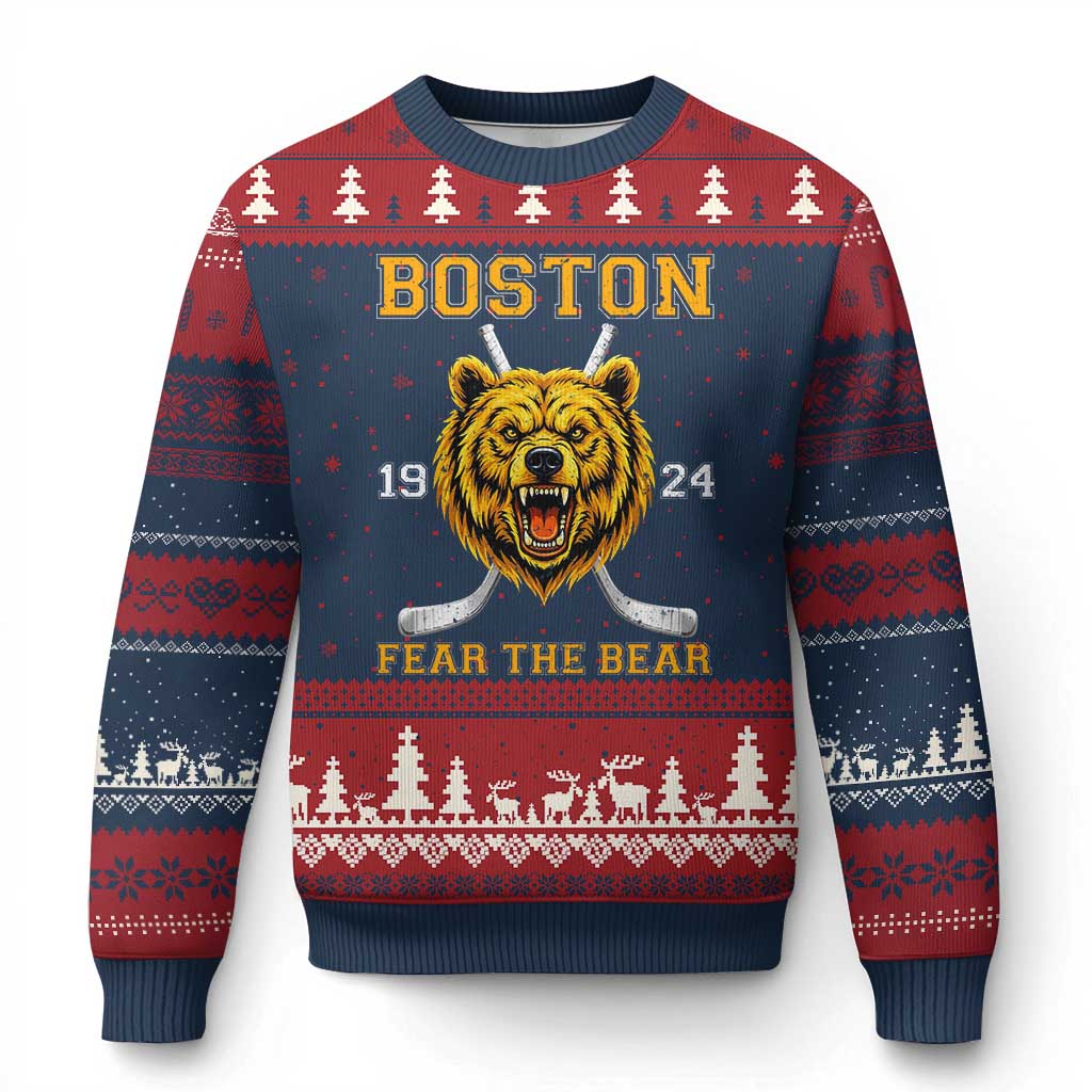 Boston Ice Hockey Ugly Christmas Sweater Retro Vintage Fear The Bear TS10 Navy Red Print Your Wear
