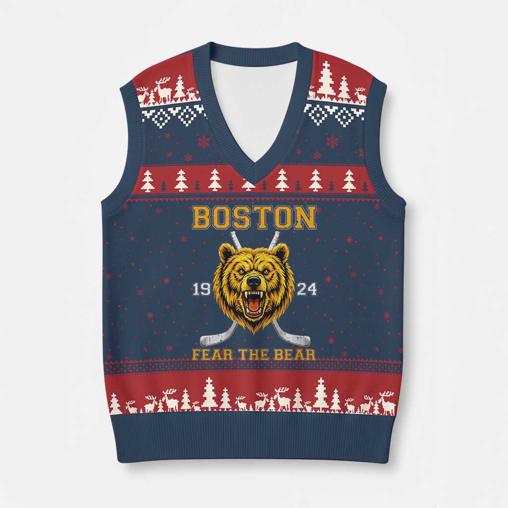 Boston Ice Hockey V-Neck Knit Sweater Vest Retro Vintage Fear The Bear TS10 Navy Red Print Your Wear