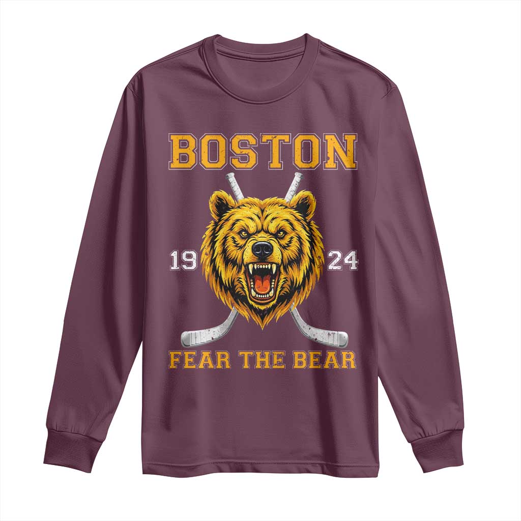 Boston Ice Hockey Long Sleeve Shirt Retro Vintage Fear The Bear TS10 Maroon Print Your Wear