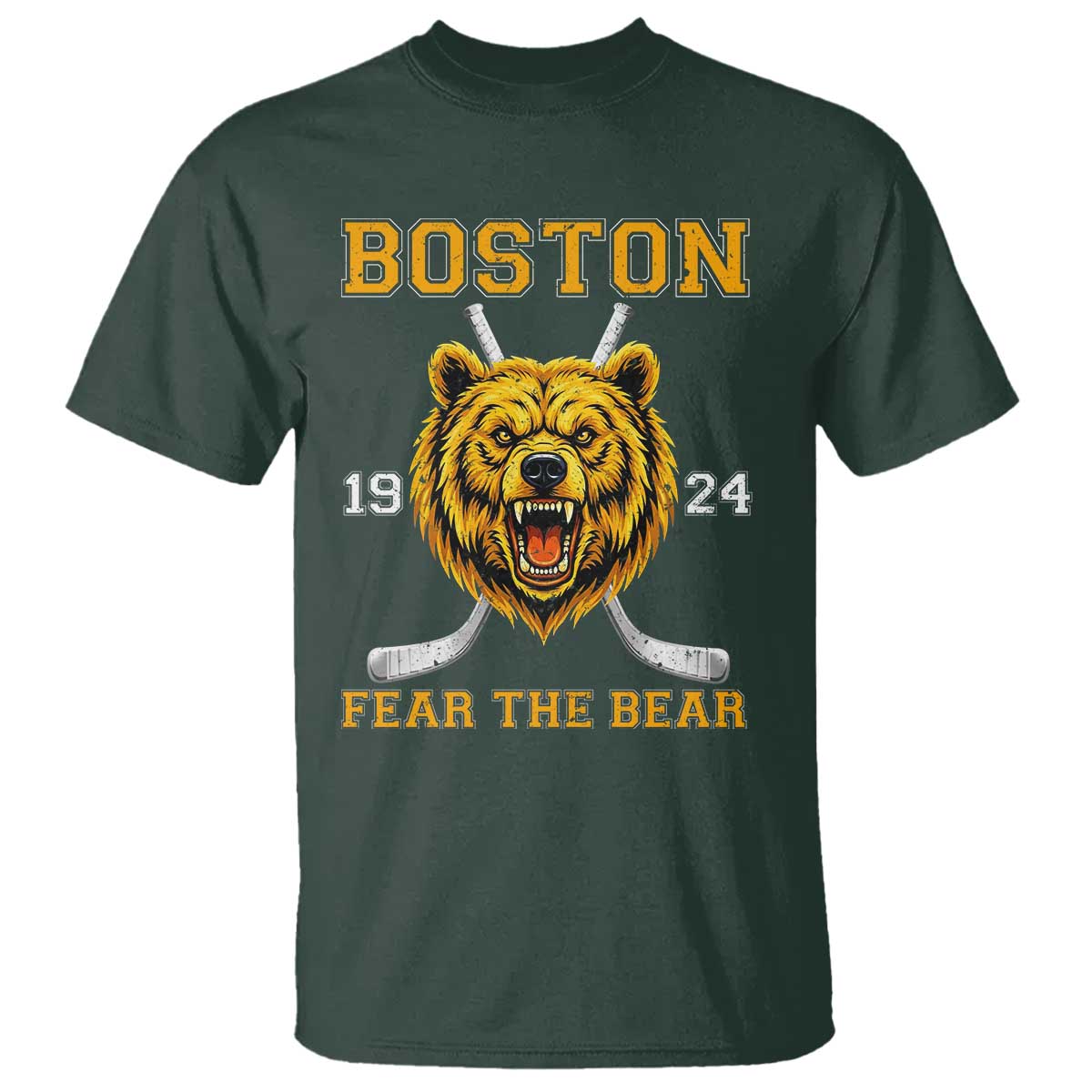 Boston Ice Hockey T Shirt Retro Vintage Fear The Bear TS10 Dark Forest Green Print Your Wear
