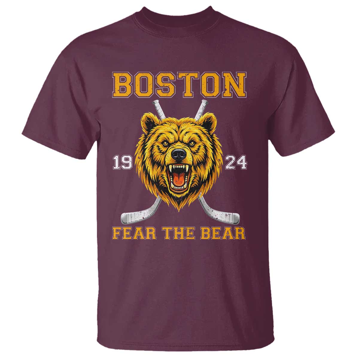 Boston Ice Hockey T Shirt Retro Vintage Fear The Bear TS10 Maroon Print Your Wear