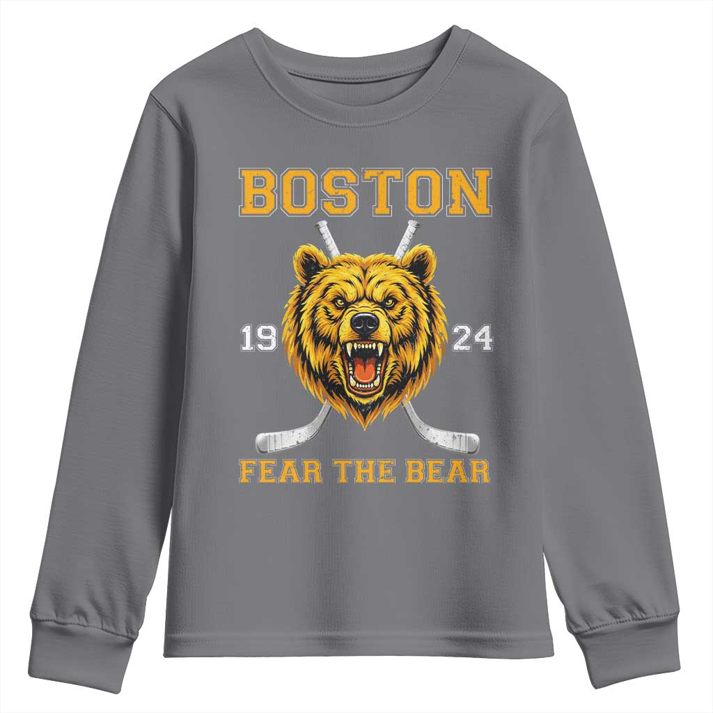 Boston Ice Hockey Youth Sweatshirt Retro Vintage Fear The Bear TS10 Charcoal Print Your Wear