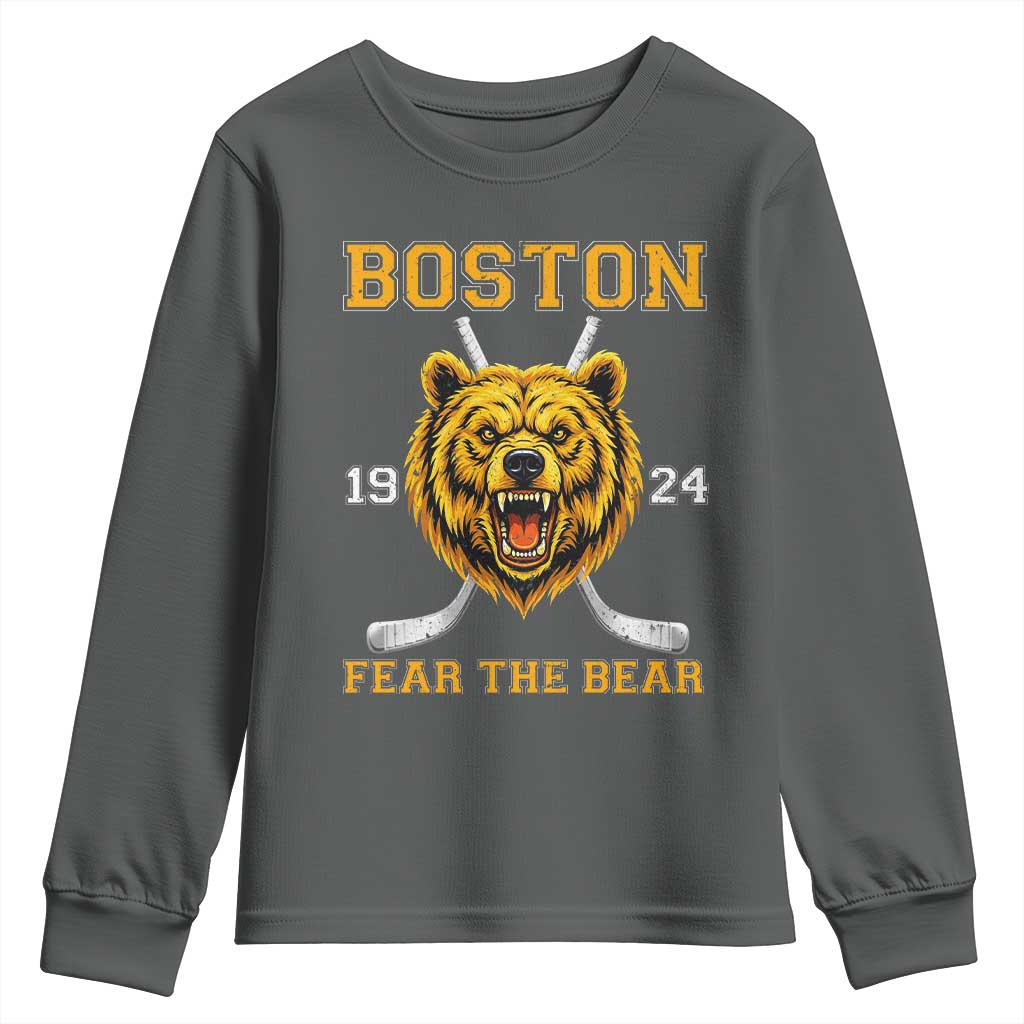Boston Ice Hockey Youth Sweatshirt Retro Vintage Fear The Bear TS10 Dark Heather Print Your Wear